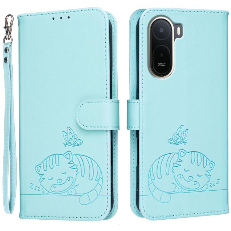 Cat Butterfly Embossed RFID Vegan Leather Phone Case with Strap, For Redmi 15a 5G, For Redmi A7 Pro 4G 171mm, For Redmi Turbo 5 Max / Poco X8 Pro Max 5G, For Redmi Turbo 5 / Poco X8 Pro 5G, For Redmi K90 ProMax / Poco F8 Ultra                          ...