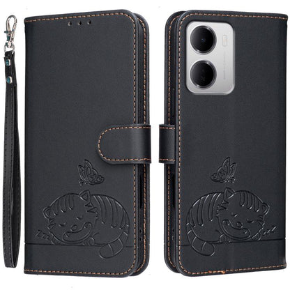 Cat Butterfly Embossed RFID Vegan Leather Phone Case with Strap, For Redmi 15a 5G, For Redmi A7 Pro 4G 171mm, For Redmi Turbo 5 Max / Poco X8 Pro Max 5G, For Redmi Turbo 5 / Poco X8 Pro 5G, For Redmi K90 ProMax / Poco F8 Ultra                          ...