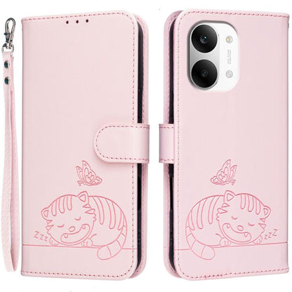 Cat Butterfly Embossed RFID Vegan Leather Phone Case with Strap, For Redmi 15a 5G, For Redmi A7 Pro 4G 171mm, For Redmi Turbo 5 Max / Poco X8 Pro Max 5G, For Redmi Turbo 5 / Poco X8 Pro 5G, For Redmi K90 ProMax / Poco F8 Ultra                          ...