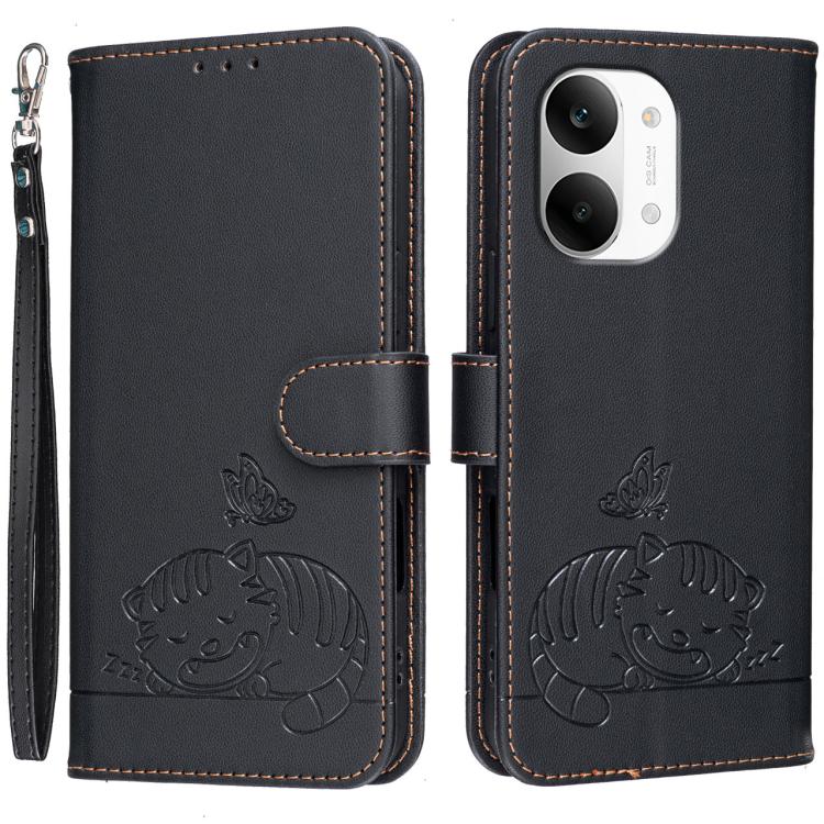 Cat Butterfly Embossed RFID Vegan Leather Phone Case with Strap, For Redmi 15a 5G, For Redmi A7 Pro 4G 171mm, For Redmi Turbo 5 Max / Poco X8 Pro Max 5G, For Redmi Turbo 5 / Poco X8 Pro 5G, For Redmi K90 ProMax / Poco F8 Ultra                          ...