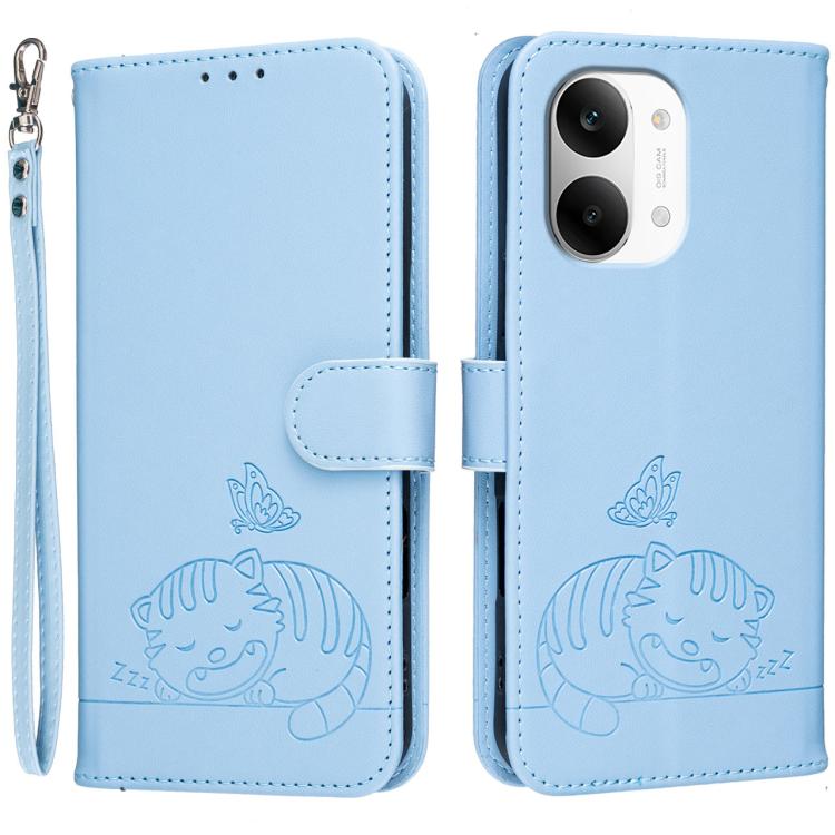 Cat Butterfly Embossed RFID Vegan Leather Phone Case with Strap, For Redmi 15a 5G, For Redmi A7 Pro 4G 171mm, For Redmi Turbo 5 Max / Poco X8 Pro Max 5G, For Redmi Turbo 5 / Poco X8 Pro 5G, For Redmi K90 ProMax / Poco F8 Ultra                          ...