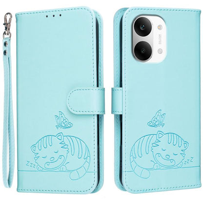 Cat Butterfly Embossed RFID Vegan Leather Phone Case with Strap, For Redmi 15a 5G, For Redmi A7 Pro 4G 171mm, For Redmi Turbo 5 Max / Poco X8 Pro Max 5G, For Redmi Turbo 5 / Poco X8 Pro 5G, For Redmi K90 ProMax / Poco F8 Ultra                          ...