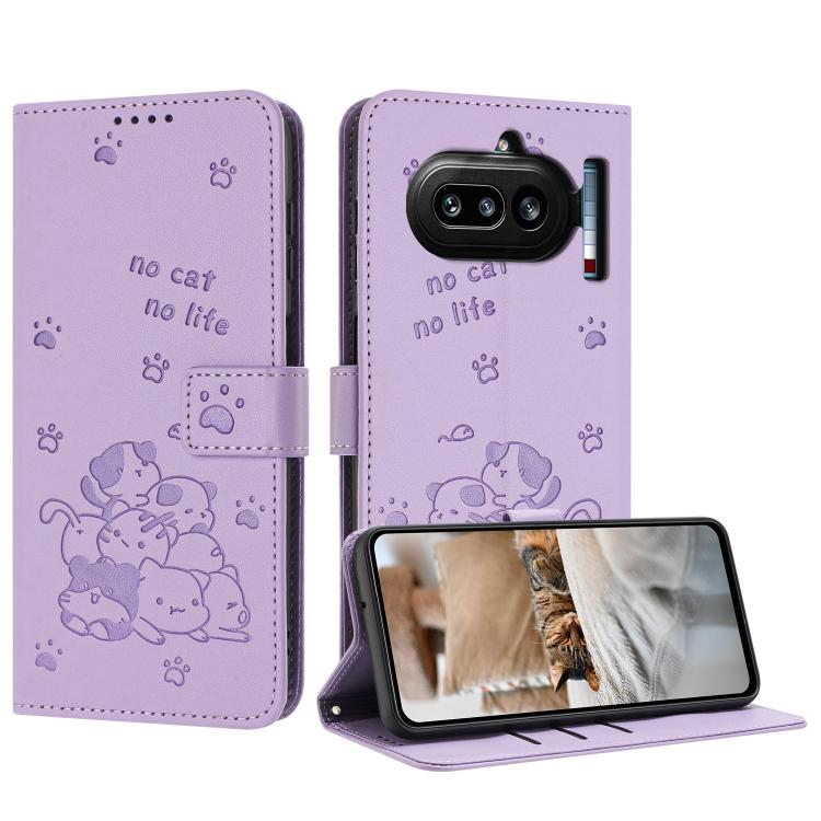 Embossed Kitten Phone Leather Case with Lanyard, For Nothing Phone 4a Pro, For Nothing Phone 4a