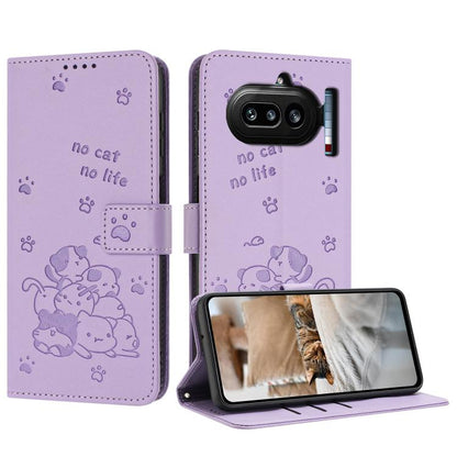 Embossed Kitten Phone Leather Case with Lanyard, For Nothing Phone 4a Pro, For Nothing Phone 4a