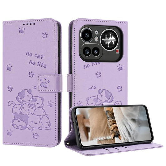 Embossed Kitten Phone Leather Case with Lanyard, For Nothing Phone 4a Pro, For Nothing Phone 4a