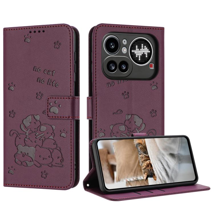 Embossed Kitten Phone Leather Case with Lanyard, For Nothing Phone 4a Pro, For Nothing Phone 4a