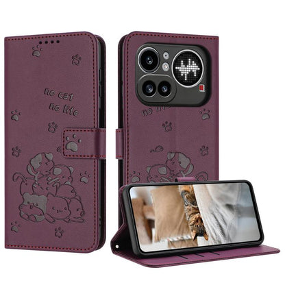 Embossed Kitten Phone Leather Case with Lanyard, For Nothing Phone 4a Pro, For Nothing Phone 4a