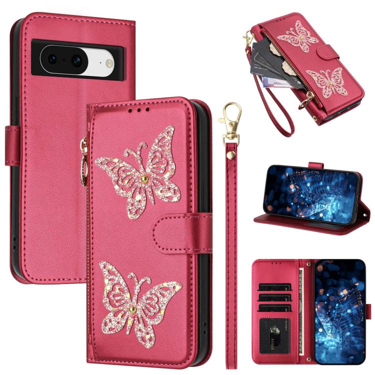 Glitter Butterfly Zipper Vegan Leather Phone Case with Wrist Strap, For Google Pixel 11 Pro XL, For Google Pixel 11 / 11 Pro, For Google Pixel 10a, For Google Pixel 10 Pro XL / 9 Pro XL 5G, For Google Pixel 10 / 10 Pro, For Google Pixel 8 Pro          ...