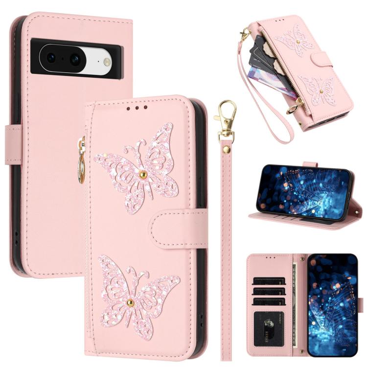 Glitter Butterfly Zipper Vegan Leather Phone Case with Wrist Strap, For Google Pixel 11 Pro XL, For Google Pixel 11 / 11 Pro, For Google Pixel 10a, For Google Pixel 10 Pro XL / 9 Pro XL 5G, For Google Pixel 10 / 10 Pro, For Google Pixel 8 Pro          ...