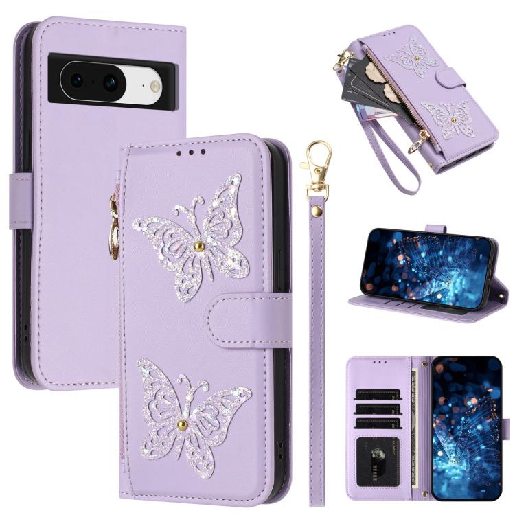 Glitter Butterfly Zipper Vegan Leather Phone Case with Wrist Strap, For Google Pixel 11 Pro XL, For Google Pixel 11 / 11 Pro, For Google Pixel 10a, For Google Pixel 10 Pro XL / 9 Pro XL 5G, For Google Pixel 10 / 10 Pro, For Google Pixel 8 Pro          ...
