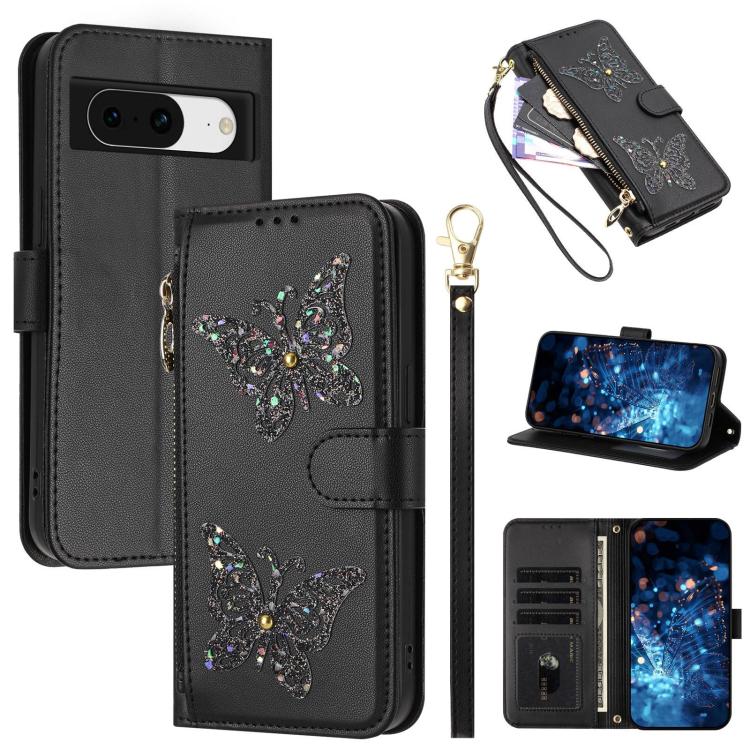 Glitter Butterfly Zipper Vegan Leather Phone Case with Wrist Strap, For Google Pixel 11 Pro XL, For Google Pixel 11 / 11 Pro, For Google Pixel 10a, For Google Pixel 10 Pro XL / 9 Pro XL 5G, For Google Pixel 10 / 10 Pro, For Google Pixel 8 Pro          ...