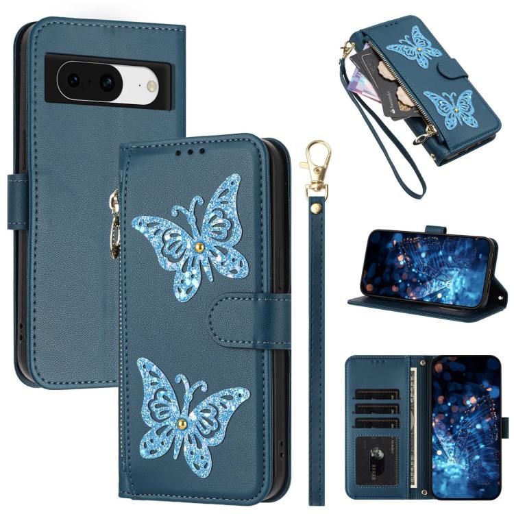 Glitter Butterfly Zipper Vegan Leather Phone Case with Wrist Strap, For Google Pixel 11 Pro XL, For Google Pixel 11 / 11 Pro, For Google Pixel 10a, For Google Pixel 10 Pro XL / 9 Pro XL 5G, For Google Pixel 10 / 10 Pro, For Google Pixel 8 Pro          ...