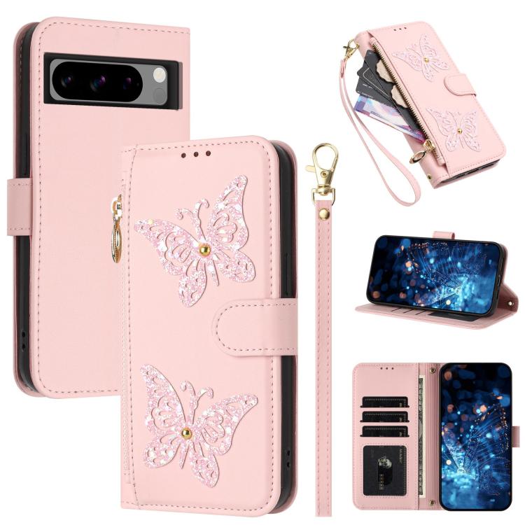 Glitter Butterfly Zipper Vegan Leather Phone Case with Wrist Strap, For Google Pixel 11 Pro XL, For Google Pixel 11 / 11 Pro, For Google Pixel 10a, For Google Pixel 10 Pro XL / 9 Pro XL 5G, For Google Pixel 10 / 10 Pro, For Google Pixel 8 Pro          ...