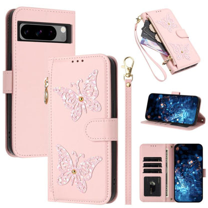 Glitter Butterfly Zipper Vegan Leather Phone Case with Wrist Strap, For Google Pixel 11 Pro XL, For Google Pixel 11 / 11 Pro, For Google Pixel 10a, For Google Pixel 10 Pro XL / 9 Pro XL 5G, For Google Pixel 10 / 10 Pro, For Google Pixel 8 Pro          ...