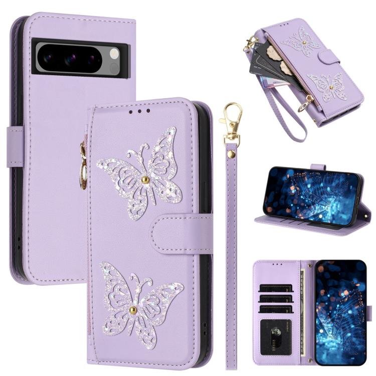Glitter Butterfly Zipper Vegan Leather Phone Case with Wrist Strap, For Google Pixel 11 Pro XL, For Google Pixel 11 / 11 Pro, For Google Pixel 10a, For Google Pixel 10 Pro XL / 9 Pro XL 5G, For Google Pixel 10 / 10 Pro, For Google Pixel 8 Pro          ...