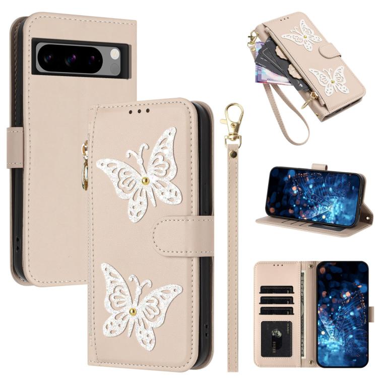 Glitter Butterfly Zipper Vegan Leather Phone Case with Wrist Strap, For Google Pixel 11 Pro XL, For Google Pixel 11 / 11 Pro, For Google Pixel 10a, For Google Pixel 10 Pro XL / 9 Pro XL 5G, For Google Pixel 10 / 10 Pro, For Google Pixel 8 Pro          ...