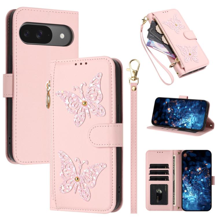 Glitter Butterfly Zipper Vegan Leather Phone Case with Wrist Strap, For Google Pixel 11 Pro XL, For Google Pixel 11 / 11 Pro, For Google Pixel 10a, For Google Pixel 10 Pro XL / 9 Pro XL 5G, For Google Pixel 10 / 10 Pro, For Google Pixel 8 Pro          ...
