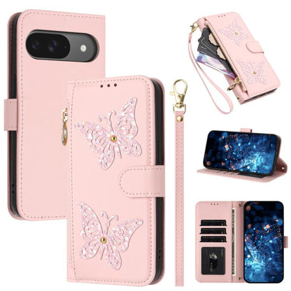 Glitter Butterfly Zipper Vegan Leather Phone Case with Wrist Strap, For Google Pixel 11 Pro XL, For Google Pixel 11 / 11 Pro, For Google Pixel 10a, For Google Pixel 10 Pro XL / 9 Pro XL 5G, For Google Pixel 10 / 10 Pro, For Google Pixel 8 Pro          ...