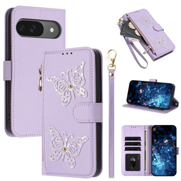 Glitter Butterfly Zipper Vegan Leather Phone Case with Wrist Strap, For Google Pixel 11 Pro XL, For Google Pixel 11 / 11 Pro, For Google Pixel 10a, For Google Pixel 10 Pro XL / 9 Pro XL 5G, For Google Pixel 10 / 10 Pro, For Google Pixel 8 Pro          ...