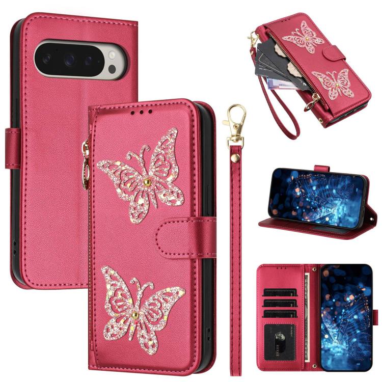 Glitter Butterfly Zipper Vegan Leather Phone Case with Wrist Strap, For Google Pixel 11 Pro XL, For Google Pixel 11 / 11 Pro, For Google Pixel 10a, For Google Pixel 10 Pro XL / 9 Pro XL 5G, For Google Pixel 10 / 10 Pro, For Google Pixel 8 Pro          ...