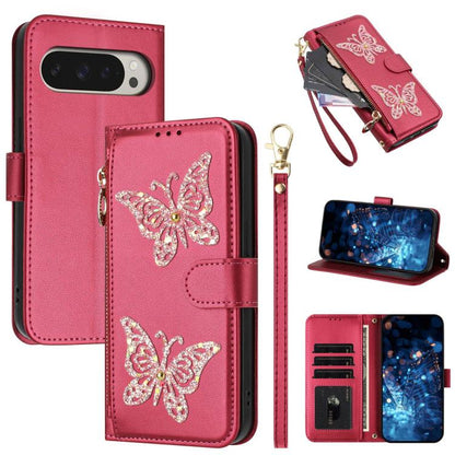 Glitter Butterfly Zipper Vegan Leather Phone Case with Wrist Strap, For Google Pixel 11 Pro XL, For Google Pixel 11 / 11 Pro, For Google Pixel 10a, For Google Pixel 10 Pro XL / 9 Pro XL 5G, For Google Pixel 10 / 10 Pro, For Google Pixel 8 Pro          ...