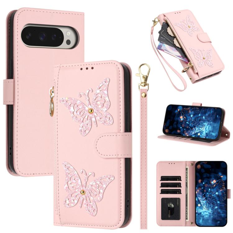 Glitter Butterfly Zipper Vegan Leather Phone Case with Wrist Strap, For Google Pixel 11 Pro XL, For Google Pixel 11 / 11 Pro, For Google Pixel 10a, For Google Pixel 10 Pro XL / 9 Pro XL 5G, For Google Pixel 10 / 10 Pro, For Google Pixel 8 Pro          ...