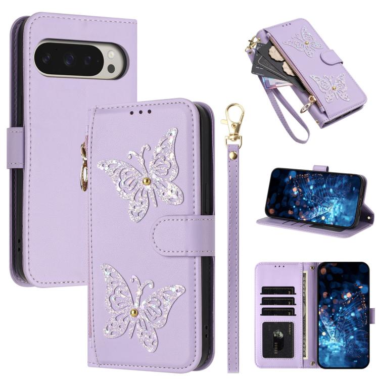 Glitter Butterfly Zipper Vegan Leather Phone Case with Wrist Strap, For Google Pixel 11 Pro XL, For Google Pixel 11 / 11 Pro, For Google Pixel 10a, For Google Pixel 10 Pro XL / 9 Pro XL 5G, For Google Pixel 10 / 10 Pro, For Google Pixel 8 Pro          ...