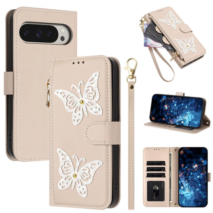 Glitter Butterfly Zipper Vegan Leather Phone Case with Wrist Strap, For Google Pixel 11 Pro XL, For Google Pixel 11 / 11 Pro, For Google Pixel 10a, For Google Pixel 10 Pro XL / 9 Pro XL 5G, For Google Pixel 10 / 10 Pro, For Google Pixel 8 Pro          ...