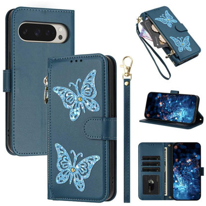Glitter Butterfly Zipper Vegan Leather Phone Case with Wrist Strap, For Google Pixel 11 Pro XL, For Google Pixel 11 / 11 Pro, For Google Pixel 10a, For Google Pixel 10 Pro XL / 9 Pro XL 5G, For Google Pixel 10 / 10 Pro, For Google Pixel 8 Pro          ...