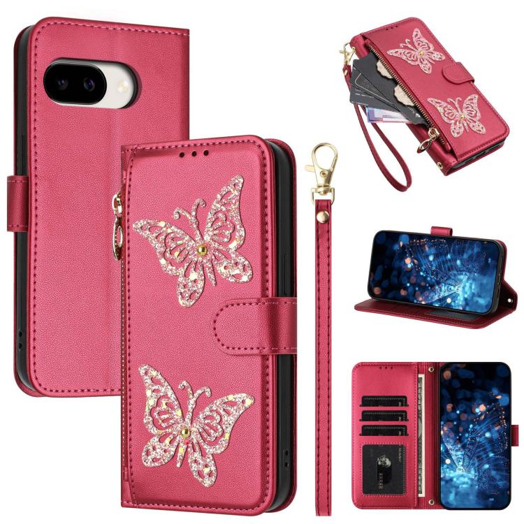 Glitter Butterfly Zipper Vegan Leather Phone Case with Wrist Strap, For Google Pixel 11 Pro XL, For Google Pixel 11 / 11 Pro, For Google Pixel 10a, For Google Pixel 10 Pro XL / 9 Pro XL 5G, For Google Pixel 10 / 10 Pro, For Google Pixel 8 Pro          ...