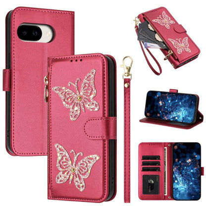 Glitter Butterfly Zipper Vegan Leather Phone Case with Wrist Strap, For Google Pixel 11 Pro XL, For Google Pixel 11 / 11 Pro, For Google Pixel 10a, For Google Pixel 10 Pro XL / 9 Pro XL 5G, For Google Pixel 10 / 10 Pro, For Google Pixel 8 Pro          ...