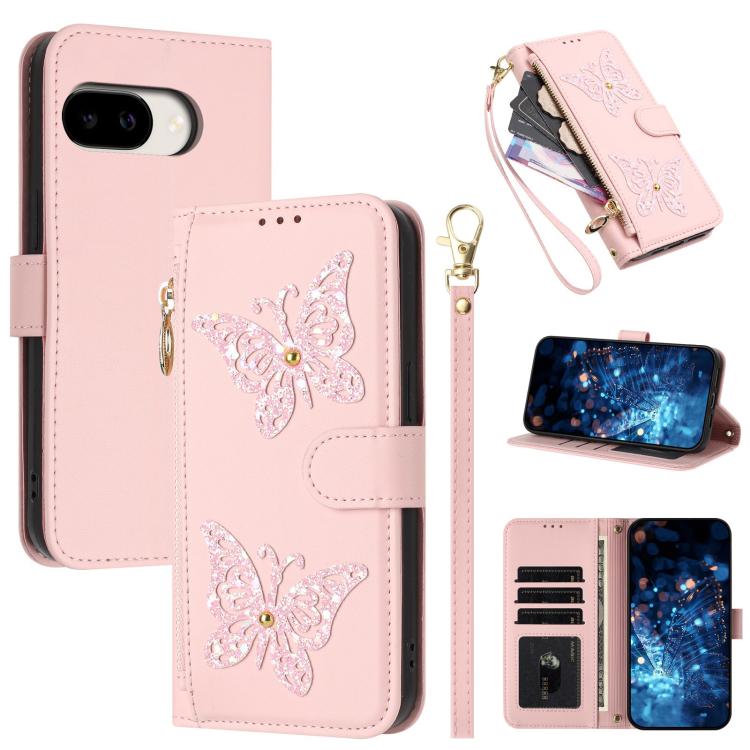 Glitter Butterfly Zipper Vegan Leather Phone Case with Wrist Strap, For Google Pixel 11 Pro XL, For Google Pixel 11 / 11 Pro, For Google Pixel 10a, For Google Pixel 10 Pro XL / 9 Pro XL 5G, For Google Pixel 10 / 10 Pro, For Google Pixel 8 Pro          ...