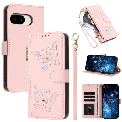Glitter Butterfly Zipper Vegan Leather Phone Case with Wrist Strap, For Google Pixel 11 Pro XL, For Google Pixel 11 / 11 Pro, For Google Pixel 10a, For Google Pixel 10 Pro XL / 9 Pro XL 5G, For Google Pixel 10 / 10 Pro, For Google Pixel 8 Pro          ...