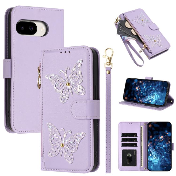 Glitter Butterfly Zipper Vegan Leather Phone Case with Wrist Strap, For Google Pixel 11 Pro XL, For Google Pixel 11 / 11 Pro, For Google Pixel 10a, For Google Pixel 10 Pro XL / 9 Pro XL 5G, For Google Pixel 10 / 10 Pro, For Google Pixel 8 Pro          ...
