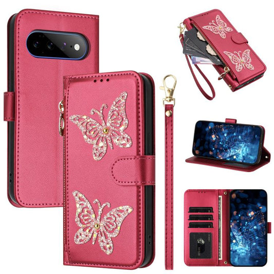 Glitter Butterfly Zipper Vegan Leather Phone Case with Wrist Strap, For Google Pixel 11 Pro XL, For Google Pixel 11 / 11 Pro, For Google Pixel 10a, For Google Pixel 10 Pro XL / 9 Pro XL 5G, For Google Pixel 10 / 10 Pro, For Google Pixel 8 Pro          ...