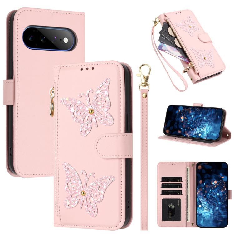 Glitter Butterfly Zipper Vegan Leather Phone Case with Wrist Strap, For Google Pixel 11 Pro XL, For Google Pixel 11 / 11 Pro, For Google Pixel 10a, For Google Pixel 10 Pro XL / 9 Pro XL 5G, For Google Pixel 10 / 10 Pro, For Google Pixel 8 Pro          ...