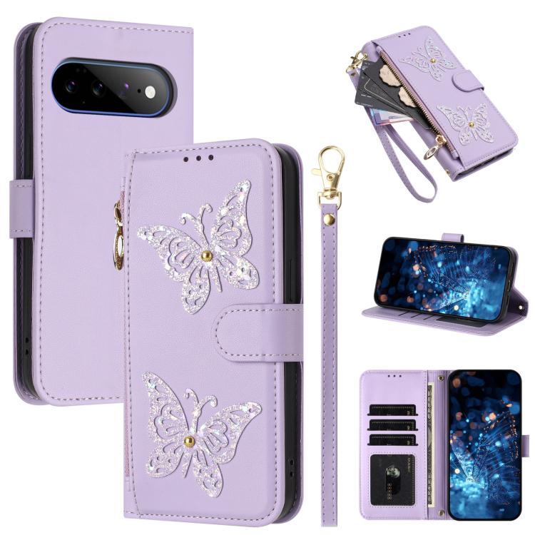 Glitter Butterfly Zipper Vegan Leather Phone Case with Wrist Strap, For Google Pixel 11 Pro XL, For Google Pixel 11 / 11 Pro, For Google Pixel 10a, For Google Pixel 10 Pro XL / 9 Pro XL 5G, For Google Pixel 10 / 10 Pro, For Google Pixel 8 Pro          ...