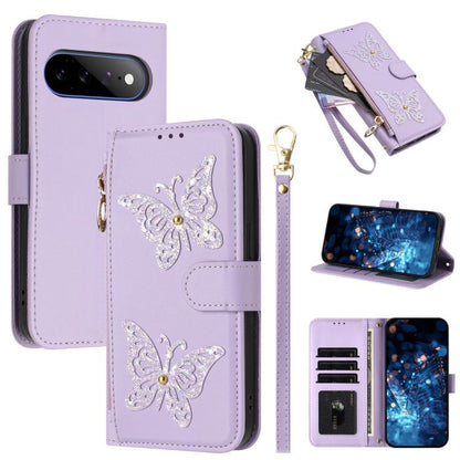 Glitter Butterfly Zipper Vegan Leather Phone Case with Wrist Strap, For Google Pixel 11 Pro XL, For Google Pixel 11 / 11 Pro, For Google Pixel 10a, For Google Pixel 10 Pro XL / 9 Pro XL 5G, For Google Pixel 10 / 10 Pro, For Google Pixel 8 Pro          ...
