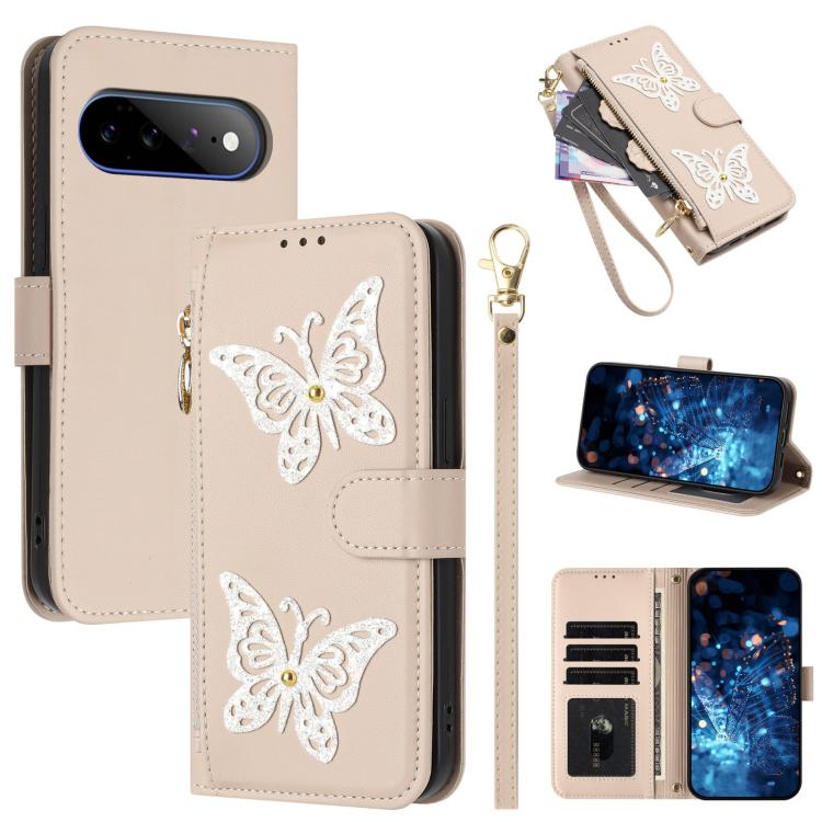 Glitter Butterfly Zipper Vegan Leather Phone Case with Wrist Strap, For Google Pixel 11 Pro XL, For Google Pixel 11 / 11 Pro, For Google Pixel 10a, For Google Pixel 10 Pro XL / 9 Pro XL 5G, For Google Pixel 10 / 10 Pro, For Google Pixel 8 Pro          ...
