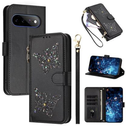 Glitter Butterfly Zipper Vegan Leather Phone Case with Wrist Strap, For Google Pixel 11 Pro XL, For Google Pixel 11 / 11 Pro, For Google Pixel 10a, For Google Pixel 10 Pro XL / 9 Pro XL 5G, For Google Pixel 10 / 10 Pro, For Google Pixel 8 Pro          ...
