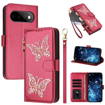 Glitter Butterfly Zipper Vegan Leather Phone Case with Wrist Strap, For Google Pixel 11 Pro XL, For Google Pixel 11 / 11 Pro, For Google Pixel 10a, For Google Pixel 10 Pro XL / 9 Pro XL 5G, For Google Pixel 10 / 10 Pro, For Google Pixel 8 Pro          ...