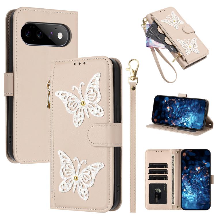 Glitter Butterfly Zipper Vegan Leather Phone Case with Wrist Strap, For Google Pixel 11 Pro XL, For Google Pixel 11 / 11 Pro, For Google Pixel 10a, For Google Pixel 10 Pro XL / 9 Pro XL 5G, For Google Pixel 10 / 10 Pro, For Google Pixel 8 Pro          ...