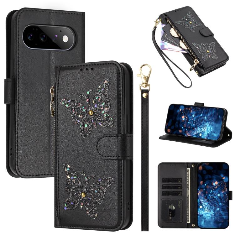 Glitter Butterfly Zipper Vegan Leather Phone Case with Wrist Strap, For Google Pixel 11 Pro XL, For Google Pixel 11 / 11 Pro, For Google Pixel 10a, For Google Pixel 10 Pro XL / 9 Pro XL 5G, For Google Pixel 10 / 10 Pro, For Google Pixel 8 Pro          ...