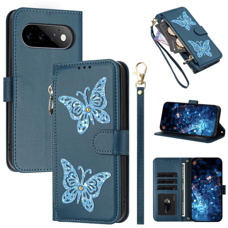 Glitter Butterfly Zipper Vegan Leather Phone Case with Wrist Strap, For Google Pixel 11 Pro XL, For Google Pixel 11 / 11 Pro, For Google Pixel 10a, For Google Pixel 10 Pro XL / 9 Pro XL 5G, For Google Pixel 10 / 10 Pro, For Google Pixel 8 Pro          ...