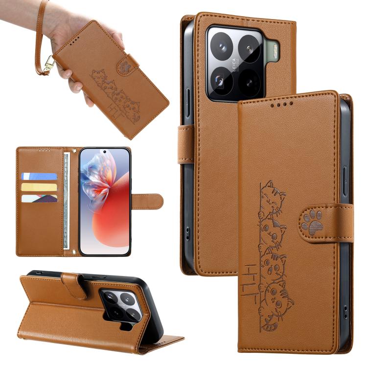 Cute Cats Magnetic Closure Vegan Leather Phone Case with Strap, For Xiaomi 15 Ultra, For Xiaomi Poco X7 Pro / Redmi Turbo 4, For Xiaomi 15 Pro, For Xiaomi 15, For Xiaomi 14T Pro, For Xiaomi 14T, For Xiaomi Poco F6 / Redmi Turbo 3