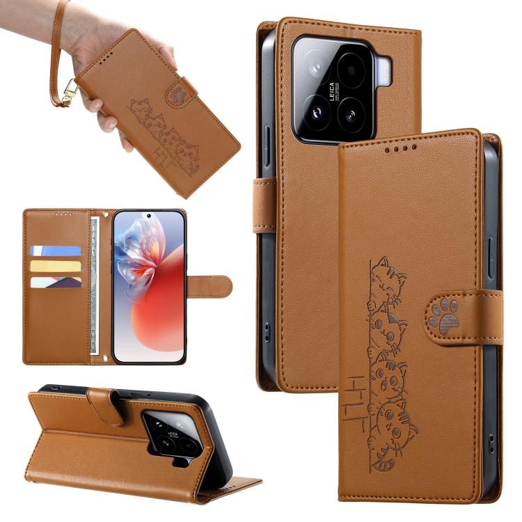 Cute Cats Magnetic Closure Vegan Leather Phone Case with Strap, For Xiaomi 15 Ultra, For Xiaomi Poco X7 Pro / Redmi Turbo 4, For Xiaomi 15 Pro, For Xiaomi 15, For Xiaomi 14T Pro, For Xiaomi 14T, For Xiaomi Poco F6 / Redmi Turbo 3