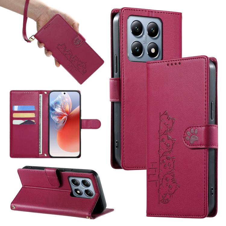 Cute Cats Magnetic Closure Vegan Leather Phone Case with Strap, For Xiaomi 15 Ultra, For Xiaomi Poco X7 Pro / Redmi Turbo 4, For Xiaomi 15 Pro, For Xiaomi 15, For Xiaomi 14T Pro, For Xiaomi 14T, For Xiaomi Poco F6 / Redmi Turbo 3
