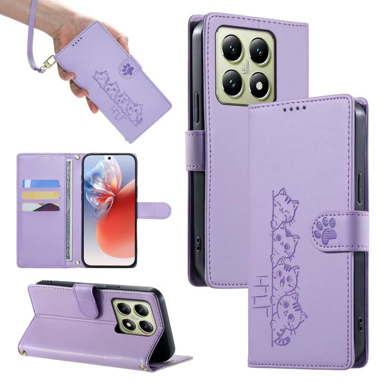 Cute Cats Magnetic Closure Vegan Leather Phone Case with Strap, For Xiaomi 15 Ultra, For Xiaomi Poco X7 Pro / Redmi Turbo 4, For Xiaomi 15 Pro, For Xiaomi 15, For Xiaomi 14T Pro, For Xiaomi 14T, For Xiaomi Poco F6 / Redmi Turbo 3