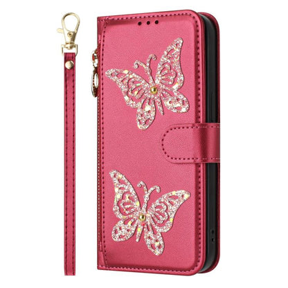 Glitter Butterfly Zipper Vegan Leather Phone Case with Wrist Strap, For Redmi 12C / 11A 4G Global, For Redmi Note 12 Pro+ Global, For Redmi Note 12 Pro 5G Global, For Redmi Note 12 5G Global