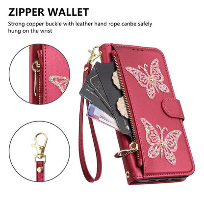 Glitter Butterfly Zipper Vegan Leather Phone Case with Wrist Strap, For Redmi 12C / 11A 4G Global, For Redmi Note 12 Pro+ Global, For Redmi Note 12 Pro 5G Global, For Redmi Note 12 5G Global